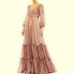 Mac Duggal Mocha Mauve Long Sleeve Satin and Chiffon Tiered Gown